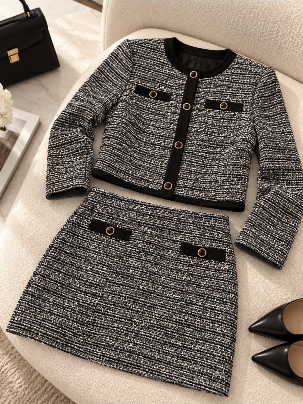 A. Byer Black & White Tweed Two-Piece Skirt Set